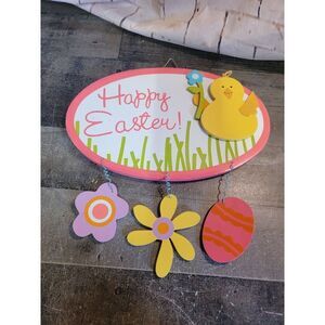 Pink happy Easter chick floral wooden sign Decor spring